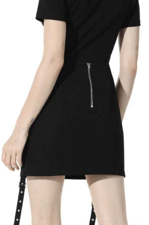 Black gothic mini skirt back view showing exposed metal zipper and adjustable side strap hardware