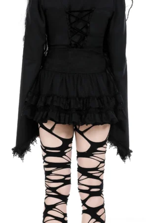 Back view of black gothic lace-up mini skirt showing adjustable corset lacing detail and tiered ruffled tulle hem