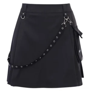 Black gothic mini skirt flat lay display showing high waist empire cut, metal eyelet strap, and functional side pocket detail