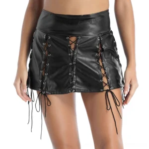 Gothic women's faux leather lace-up mini skirt front three-quarter view with high waist and multi-panel lace-up