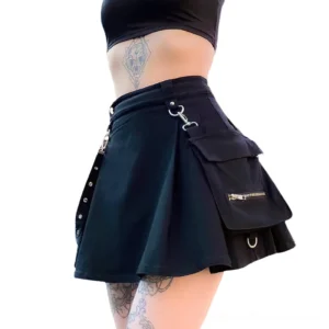 Black gothic mini skirt with metal strap hardware and cargo pocket, front side view worn by model with waist tattoo