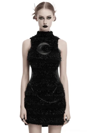 Black gothic sleeveless mini dress with crescent moon embroidery on chest, worn by model on white background, front view