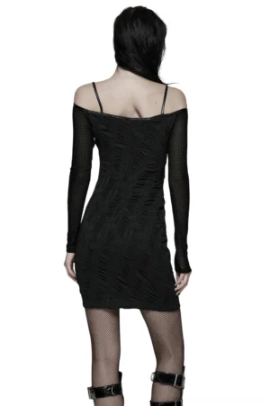 Black gothic off-shoulder bodycon dress rear view with spaghetti back straps, fishnet sleeves, fitted silhouette
