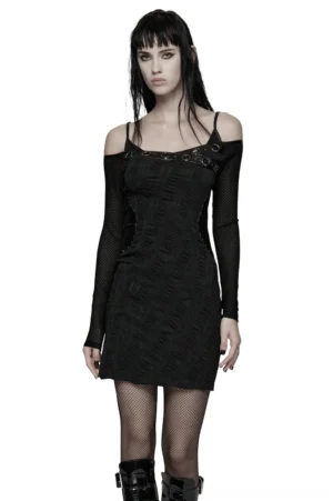 Black gothic off-shoulder bodycon dress with metal eyelets and fishnet long sleeves, front full-body view on model