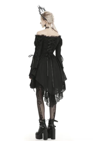 Black gothic off-shoulder corset dress back view showing lace-up closure and fishnet stockings