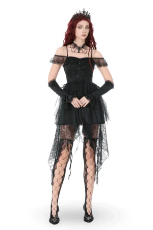 Black gothic off-shoulder lace corset high-low tulle dress with asymmetrical hemline, front view on model with crown