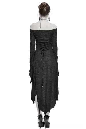Black gothic off-shoulder dress back view displaying full lace-up corset back, flared bell sleeves, and asymmetric hemline on model