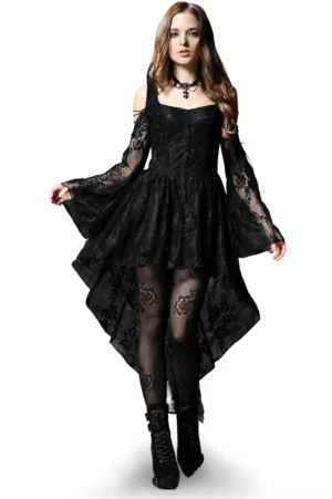 Black gothic off-shoulder lace dress with high-low hemline and flared lace sleeves, front view on model