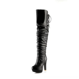 Black gothic over-the-knee boot with square block heel and ruched PU leather design, side profile view