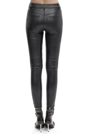 Black gothic pants rear view showing high waisted back pockets and smooth leather finish