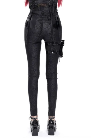 Black gothic punk skinny pants rear view showcasing patent leather back pockets and high-waisted fit