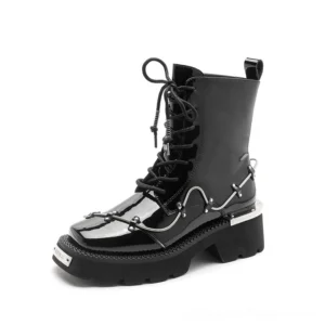 Black patent leather gothic lace-up ankle boots with square toe, front-facing view showing lace closure and metal chain decorations