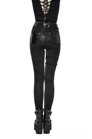 Black gothic pentagram pants rear view displaying lace-up back waist, rear vinyl pocket, and thigh straps