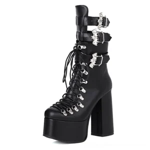 Gothic platform ankle boots with thick block heel and platform sole, right side angle showing patent leather upper and structural heel construction
