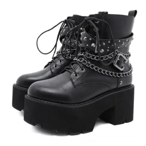 Black gothic platform ankle boots with chain lace-up front and stud decorations, paired display on white background