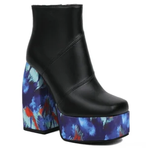 Black gothic platform ankle boot side view - square toe with side zipper closure and thick heel