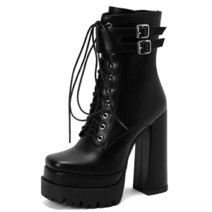 Black gothic platform ankle boots with dual buckles and chunky block heel, front-side studio view