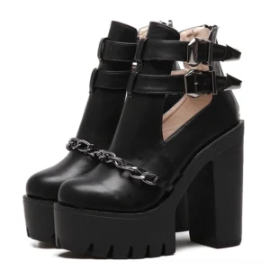 Black gothic platform high heel boots with metal chain and dual buckle straps - front double perspective view