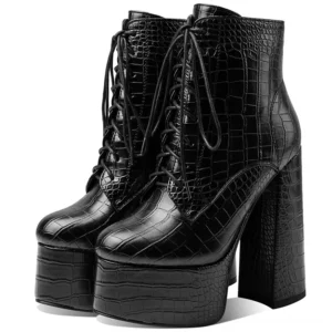 Black gothic platform ankle boots with crocodile textured PU leather, block heel, and lace-up closure - front three-quarter view