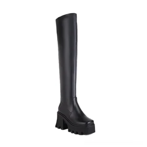 Black gothic platform over-the-knee boots with fretwork heels and square toe, front view product shot