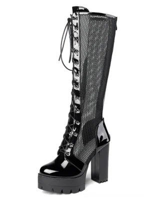 Black patent leather mesh knee-high gothic platform boots with lace-up closure and chunky square heel front view