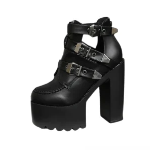 Black gothic platform ankle boots with multiple metal buckle straps, chunky block heel, and cutout ankle design - three-quarter left side view