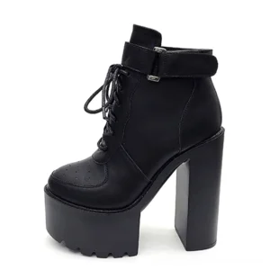 Black lace-up gothic platform boots side profile highlighting 14cm block heel and chunky platform sole construction