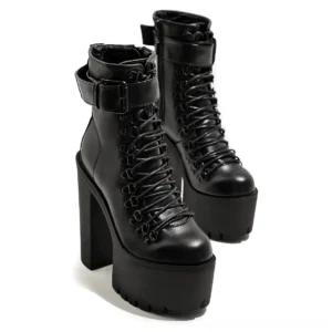 Black platform combat ankle boots side and rear perspective showcasing thick block heel and platform sole