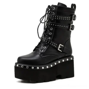 Gothic platform ankle boots side profile showing wedge heel, chunky platform, and studded strap details