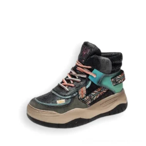 Black gothic platform patchwork lace-up boots with turquoise ethnic embroidery details and elevated rubber sole, side view
