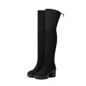 Black gothic over-the-knee platform boots side profile showing side zipper closure and back lace-up trim