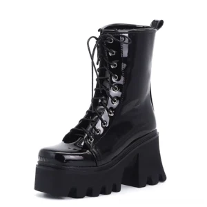 Black Patent Leather Gothic Platform Combat Boots - Three-Quarter Front View of Lace-Up Ankle Boot