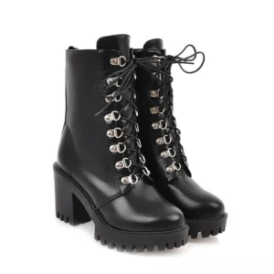 Black gothic lace-up platform combat boots with square block heel and pointed toe, front three-quarter view showing metal lace eyelets