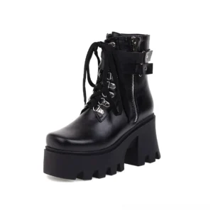 Black gothic lace-up platform combat boots with side zipper and ankle strap, three-quarter front view showing chunky square heel and round toe