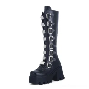 Black gothic platform knee-high boots with chunky lug sole and decorative buckles three-quarter view