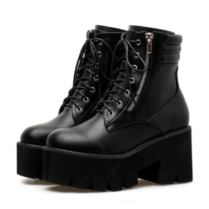 Black lace-up gothic platform ankle boots with chunky square heels and side zipper, shown from front double-boot view with full platform visibility