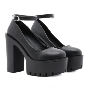 Black gothic platform pumps with ankle buckle strap, front three-quarter paired view showing thick block heel and round toe