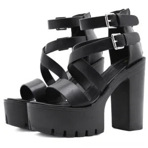 Black platform buckle sandals front view - gothic gladiator heel with crisscross ankle straps and open toe design