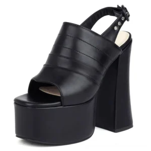 Black gothic open-toe platform sandals with square heel and buckle ankle strap, front view on white studio background