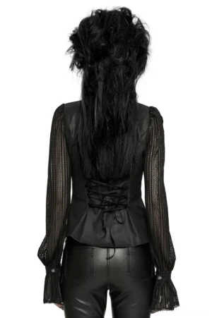 Black gothic pleated blouse back view showcasing lace-up corset back and dramatic mesh lantern sleeves