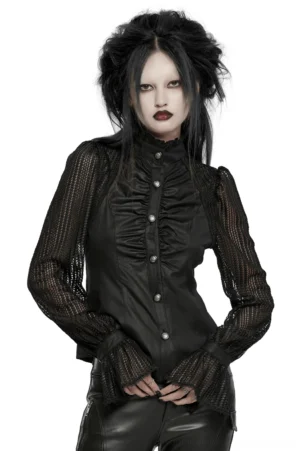 Black gothic pleated blouse with mesh lantern sleeves front view, featuring ruffled stand collar and ruched bodice detail