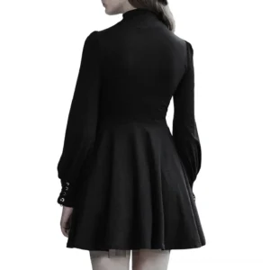 Black Victorian Gothic Dress Back View - Fitted Waist and Full-Length Puff Sleeves Detail