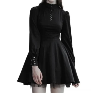 Black Gothic Pleated Mini Dress with Lace-Up Sleeves - Front View with Stand Collar and Button Details