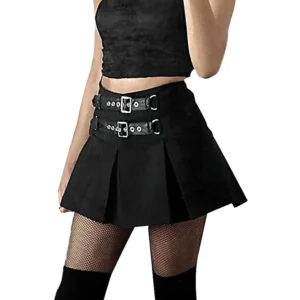 Black high-waist pleated gothic mini skirt three-quarter back view on model, showing structured pleating and fitted silhouette