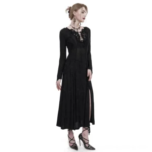 Black gothic plunging floral embroidered maxi dress with front slit and corset lace-up back on female model, three-quarter left view