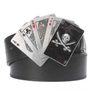 Black gothic poker card buckle leather belt with skull emblem and ace design, front three-quarter view