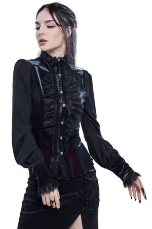 Black gothic puff sleeve blouse with lace splicing, front view on model with dark hair, showing ruffled lace front and dramatic voluminous sleeves