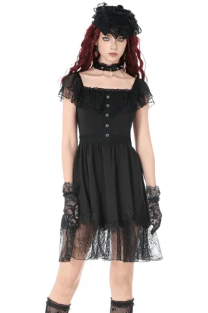 Black Victorian gothic puff sleeve dress with lace-up back, front full-body view showcasing square neckline and ruffled lace hem