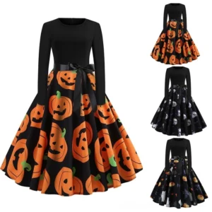 Black gothic pumpkin print long-sleeve dress with A-line silhouette and waist bow sash - front view