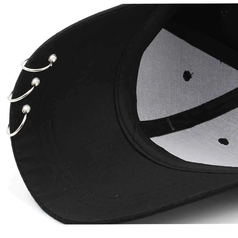Black gothic baseball cap with metal accents and decorative rings alternative style